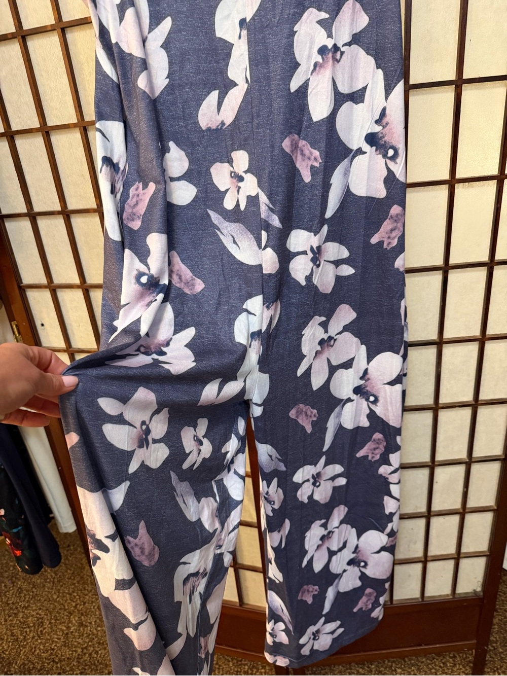 Floral Wide-Leg Jumpsuit — Navy with Pink & White Flowers